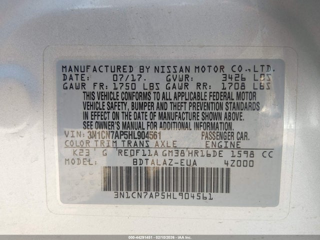 3N1CN7AP5HL904561 Nissan Versa 1.6 S+