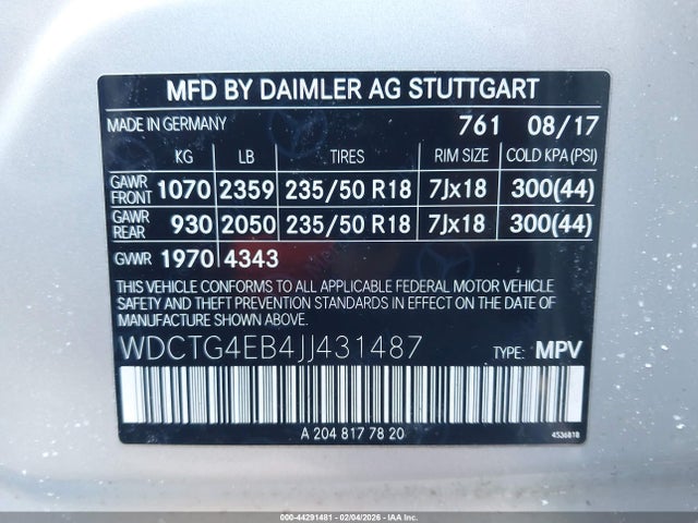 WDCTG4EB4JJ431487 Mercedes-Benz GLA 250