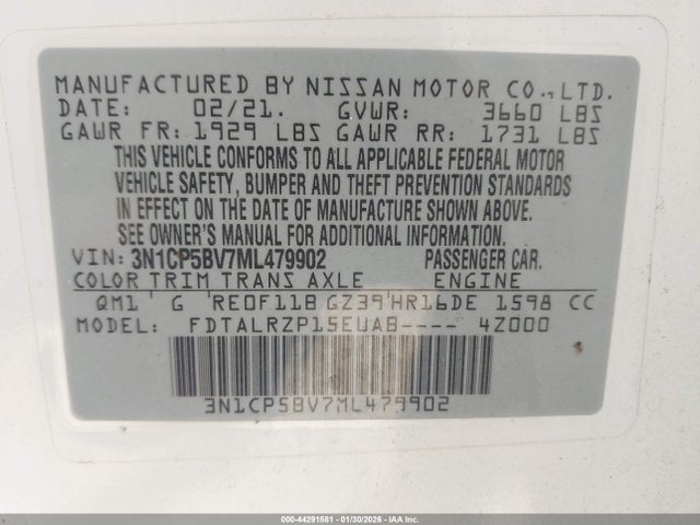 3N1CP5BV7ML479902 Nissan Kicks S Xtronic Cvt