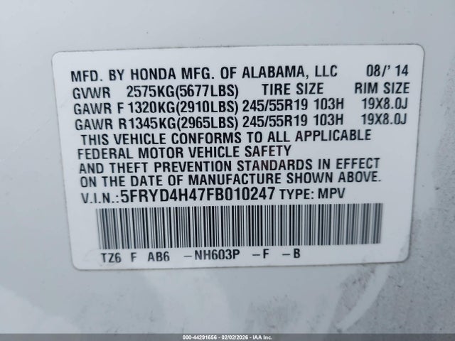 44291656 :رقم المزاد ، 5FRYD4H47FB010247 vin ، 2015 Acura Mdx Technology Package مزاد بيع