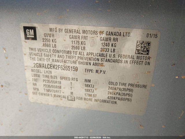 Продажа на аукционе авто 2015 Chevrolet Equinox 2lt, vin: 2GNALCEK2F6265159, номер лота: 44291713