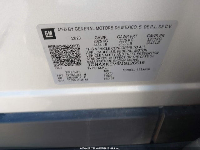 3GNAXKEV6MS126515 Chevrolet Equinox Fwd Lt