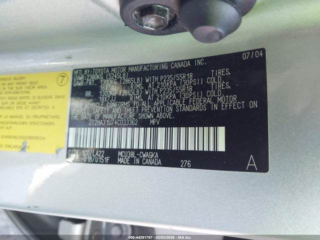 44291767 :رقم المزاد ، 2T2HA31U74C033362 vin ، 2004 Lexus Rx 330 مزاد بيع