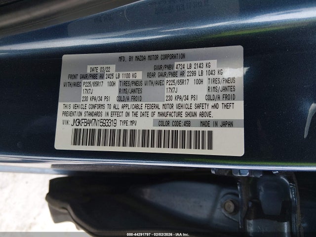 44291797 :رقم المزاد ، JM3KFBAM7N1593319 vin ، 2022 Mazda Cx-5 2.5 S مزاد بيع