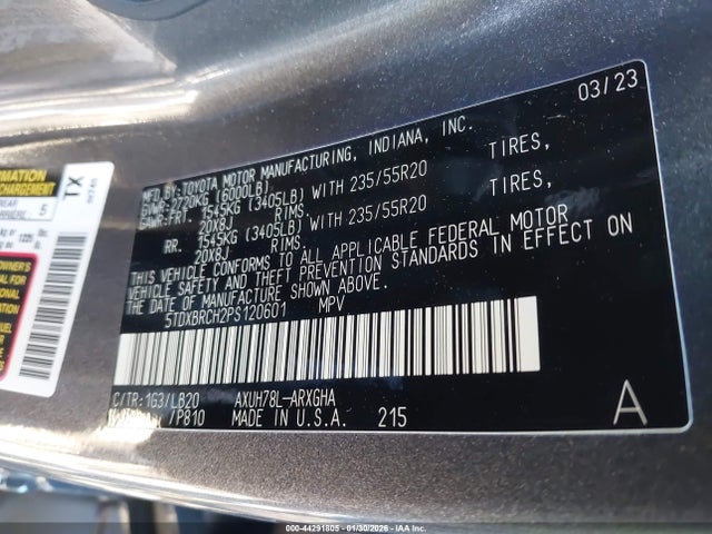 Aukcja sprzedaży 2023 Toyota Highlander Hybrid Limited, vin: 5TDXBRCH2PS120601, numer aukcji: 44291805