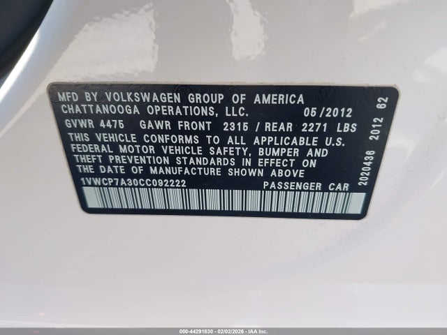 Продаж на аукціоні авто 2012 Volkswagen Passat 2.5l Sel Premium, vin: 1VWCP7A30CC092222, номер лоту: 44291830