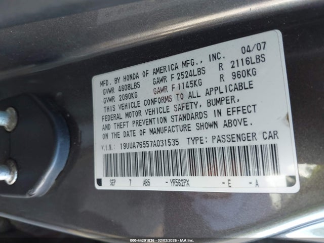 Aukcja sprzedaży 2007 Acura Tl Type S, vin: 19UUA76557A031535, numer aukcji: 44291836