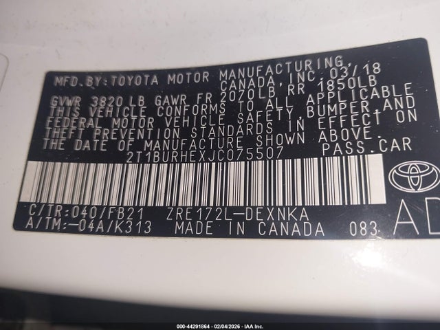 Продаж на аукціоні авто 2018 Toyota Corolla Le, vin: 2T1BURHEXJC075507, номер лоту: 44291864