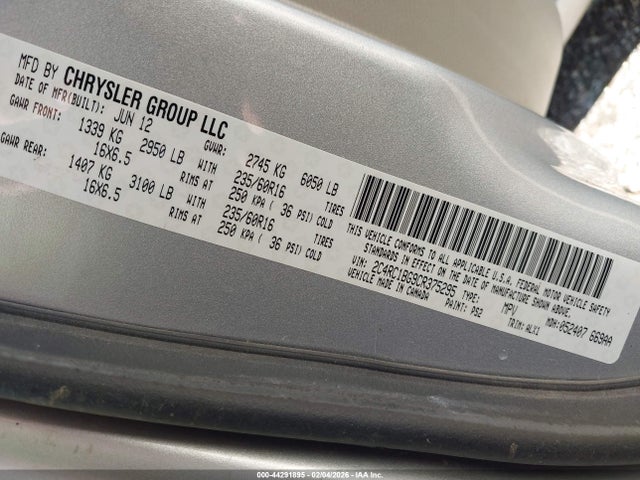 2012 Chrysler Town & Country Touring მანქანა იყიდება აუქციონზე, vin: 2C4RC1BG9CR375295, აუქციონის ნომერი: 44291895