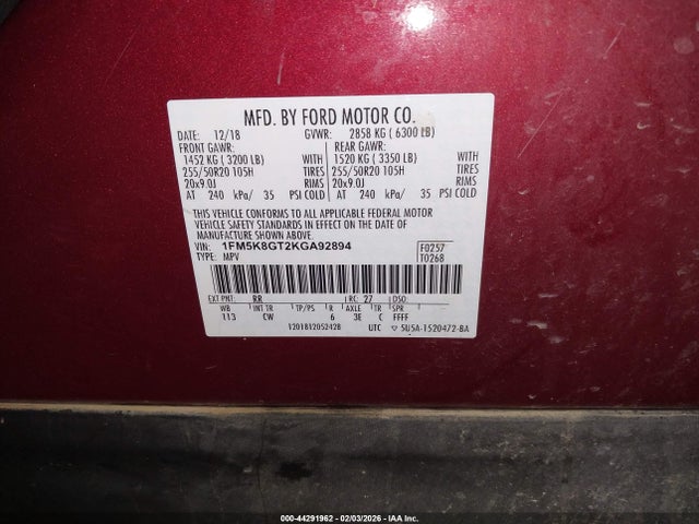 1FM5K8GT2KGA92894 Ford EXPLORER SPORT