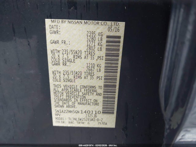 5N1AZ2MH5GN140110 Nissan Murano Platinum