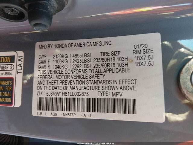 5J6RW1H81LL002875 Honda Cr-v 2wd Ex-l