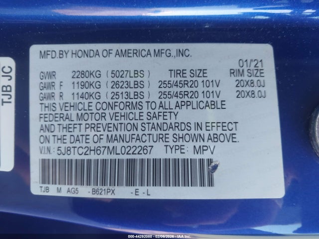 Aukcja sprzedaży 2021 Acura Rdx A-spec Package, vin: 5J8TC2H67ML022267, numer aukcji: 44292080