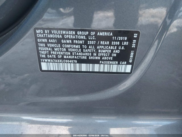 44292098 :رقم المزاد ، 1VWWA7A3XLC004579 vin ، 2020 Volkswagen Passat 2.0t Se مزاد بيع