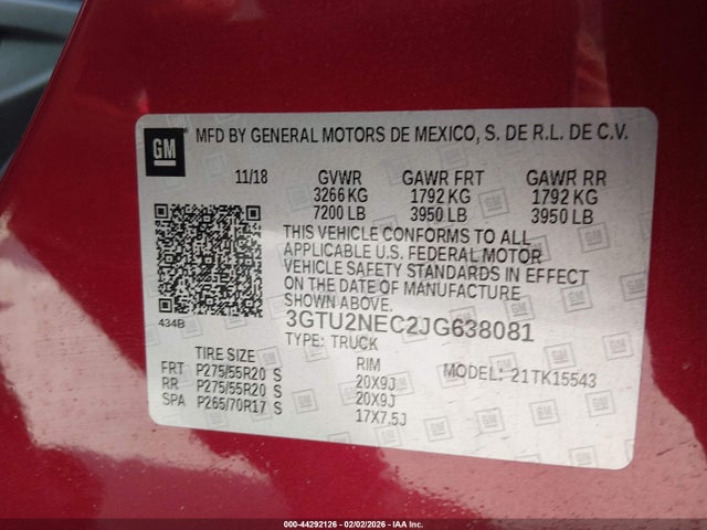 Продаж на аукціоні авто 2018 Gmc Sierra 1500 Slt, vin: 3GTU2NEC2JG638081, номер лоту: 44292126