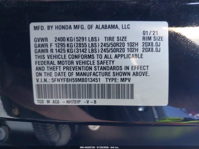 5FNYF8H59MB013451 Honda Passport Awd Ex-l