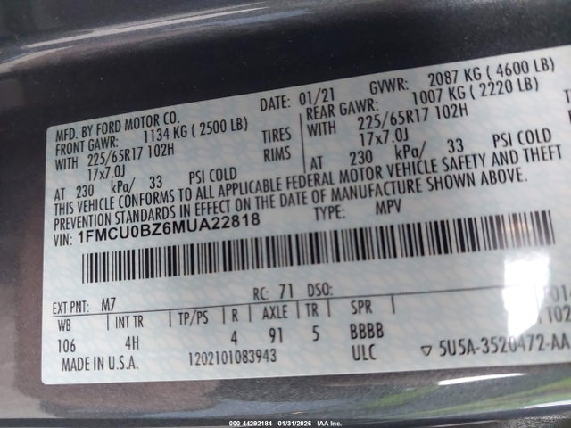 1FMCU0BZ6MUA22818 Ford Escape Se Hybrid