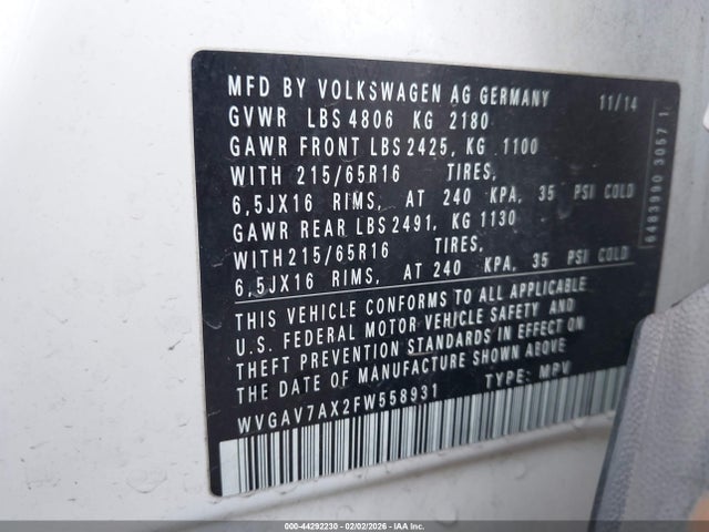 WVGAV7AX2FW558931 Volkswagen TIGUAN S