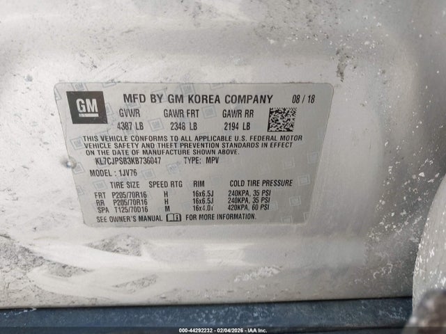 KL7CJPSB3KB736047 Chevrolet Trax Lt