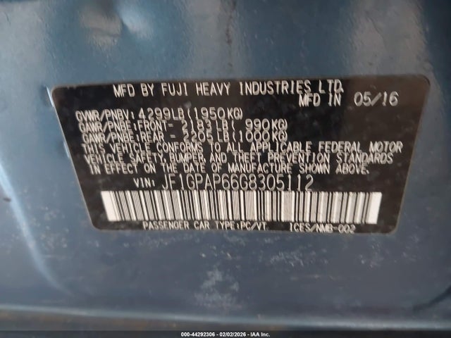 44292306 :رقم المزاد ، JF1GPAP66G8305112 vin ، 2016 Subaru Impreza 2.0i Sport Premium مزاد بيع