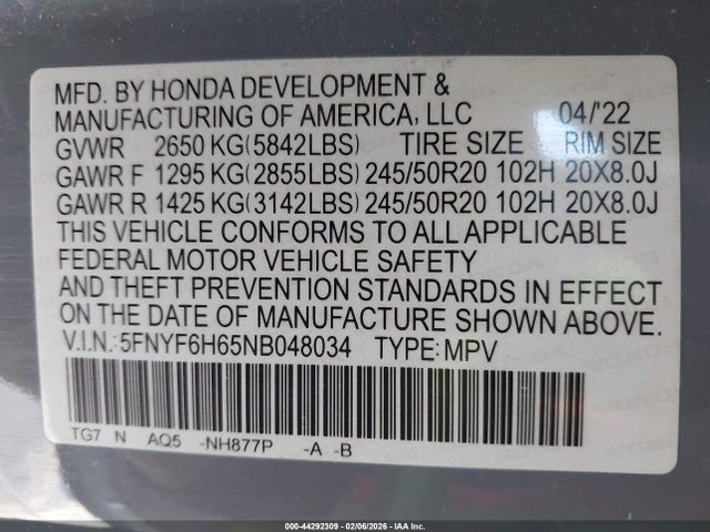 5FNYF6H65NB048034 Honda Pilot Awd Touring 7 Passenger