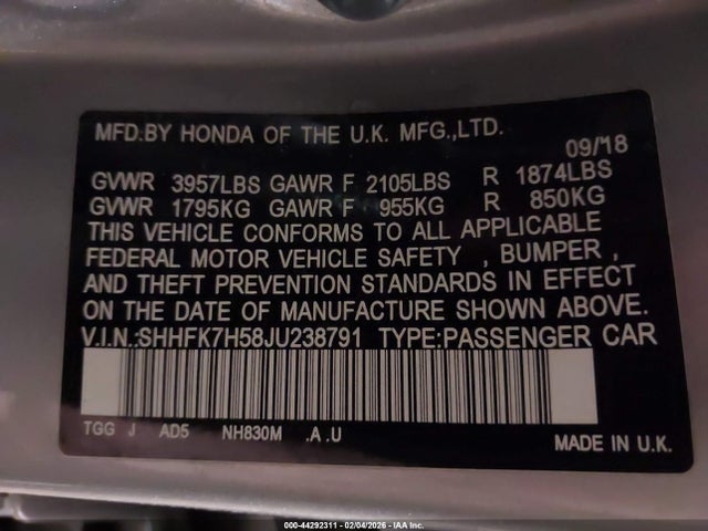 SHHFK7H58JU238791 Honda CIVIC EX