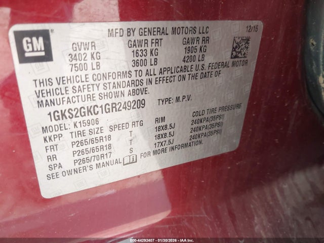 Aukcja sprzedaży 2016 Gmc Yukon Xl Slt, vin: 1GKS2GKC1GR249209, numer aukcji: 44292407