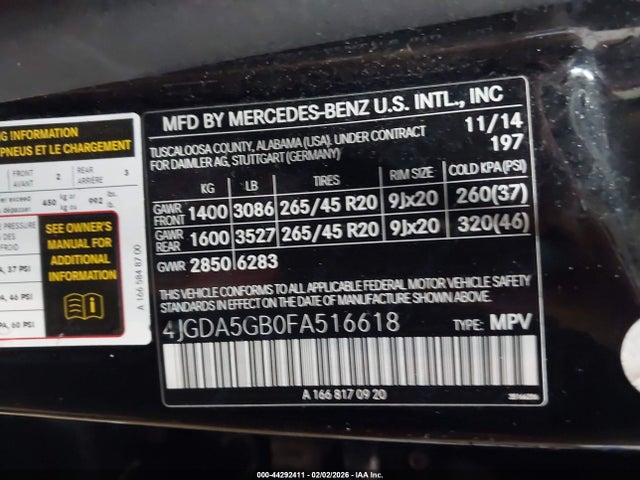 Aukcja sprzedaży 2015 Mercedes-benz Ml 400 4matic, vin: 4JGDA5GB0FA516618, numer aukcji: 44292411