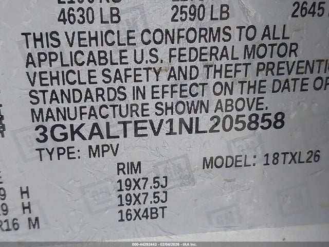 Aukcja sprzedaży 2022 Gmc Terrain Awd Sle, vin: 3GKALTEV1NL205858, numer aukcji: 44292443