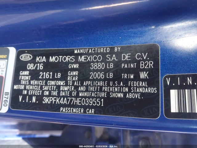 3KPFK4A77HE039551 KIA FORTE LX