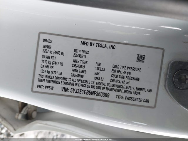 Продаж на аукціоні авто 2022 Tesla Model 3 Long Range Dual Motor All-wheel Drive, vin: 5YJ3E1EB5NF360369, номер лоту: 44292489
