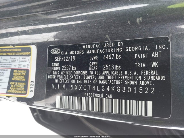 44292490 :رقم المزاد ، 5XXGT4L34KG301522 vin ، 2019 Kia Optima Lx مزاد بيع