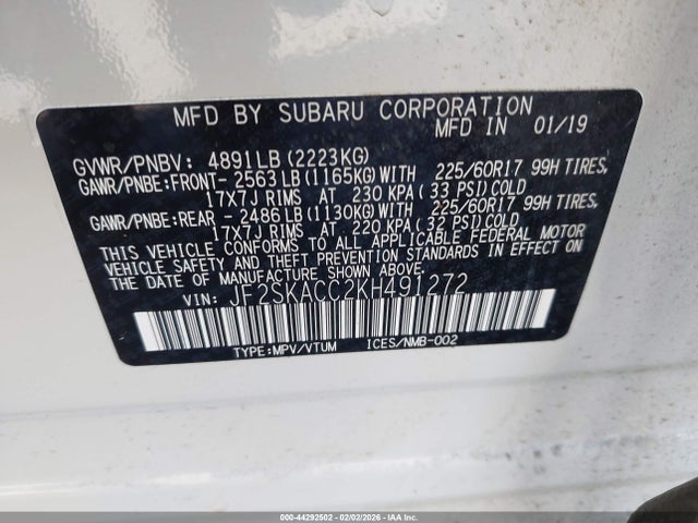 Aukcja sprzedaży 2019 Subaru Forester, vin: JF2SKACC2KH491272, numer aukcji: 44292502