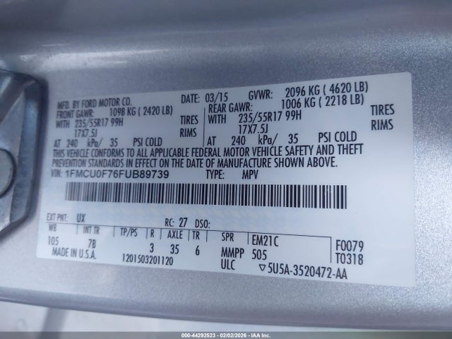 Ford ESCAPE S 2015 1FMCU0F76FUB89739 Image 9