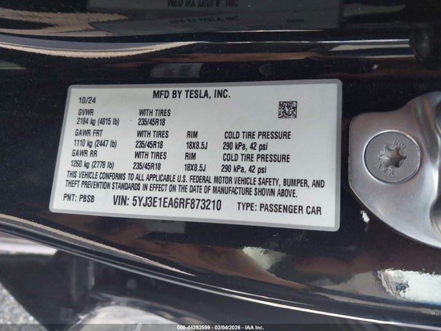 44292599 :رقم المزاد ، 5YJ3E1EA6RF873210 vin ، 2024 Tesla Model 3 Long Range Dual Motor All-wheel Drive/rear-wheel Drive مزاد بيع