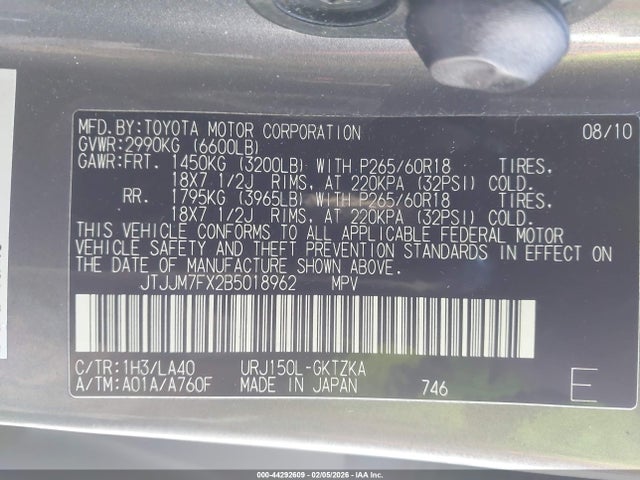 Aukcja sprzedaży 2011 Lexus Gx 460 Premium, vin: JTJJM7FX2B5018962, numer aukcji: 44292609