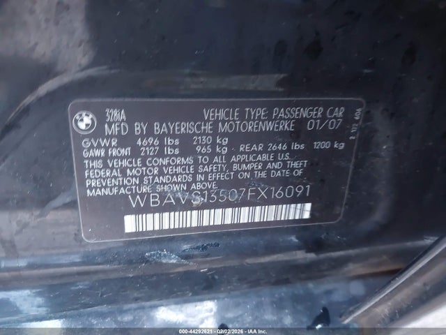 2007 Bmw 328i მანქანა იყიდება აუქციონზე, vin: WBAVS13507FX16091, აუქციონის ნომერი: 44292621