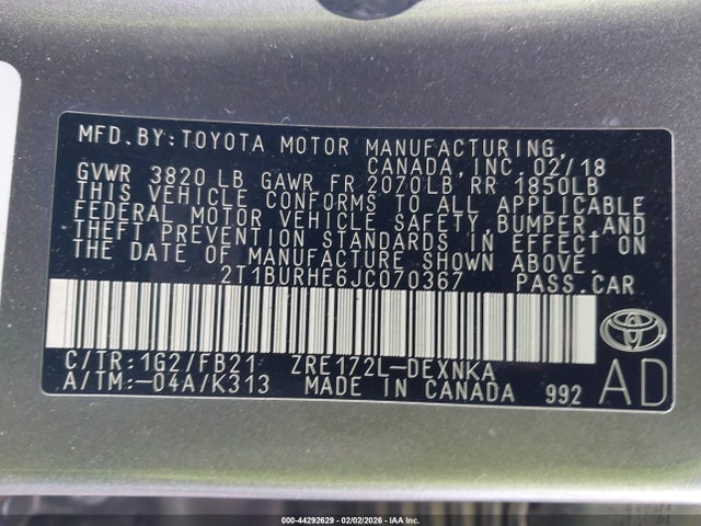 2T1BURHE6JC070367 Toyota COROLLA LE