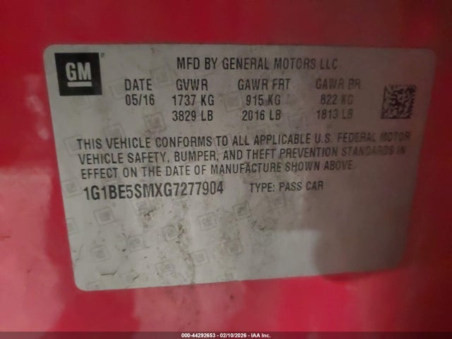44292653 :رقم المزاد ، 1G1BE5SMXG7277904 vin ، 2016 Chevrolet Cruze Lt Auto مزاد بيع
