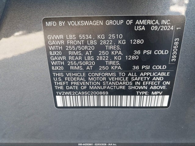 1V2WE2CA9SC200869 Volkswagen Atlas Cross Sport 2.0t Se W/technology