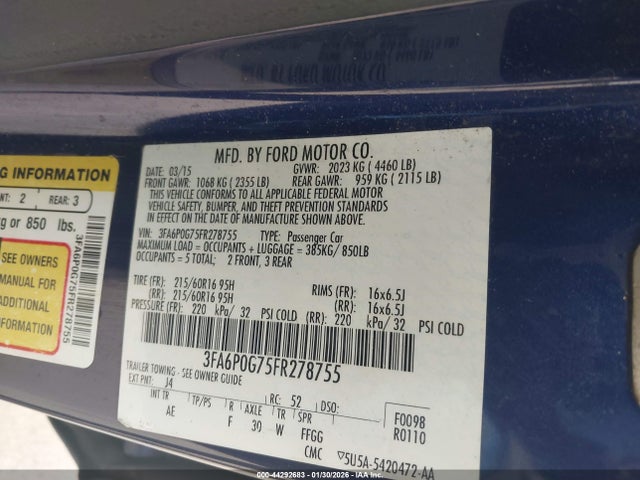 3FA6P0G75FR278755 Ford FUSION S