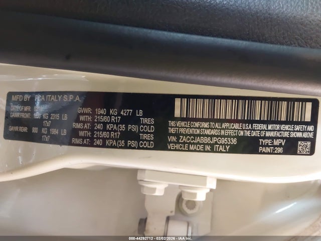 Auction sale of the 2018 Jeep Renegade Latitude Fwd, vin: ZACCJABB6JPG95336, lot number: 44292712