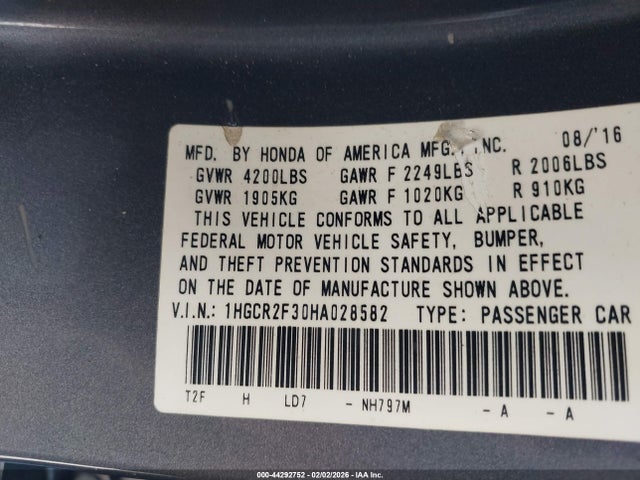 1HGCR2F30HA028582 Honda ACCORD LX