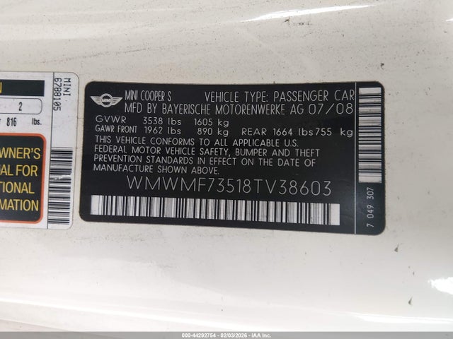2008 MINI COOPER S WMWMF73518TV38603 Photo 8