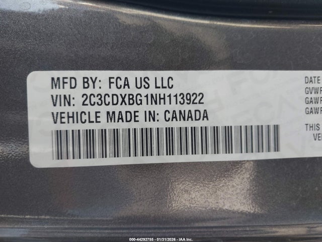 2C3CDXBG1NH113922 Dodge Charger Sxt Rwd