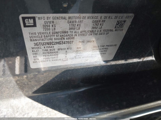 Aukcja sprzedaży 2017 Gmc Sierra 1500 Slt, vin: 3GTU2NEC2HG347607, numer aukcji: 44292819