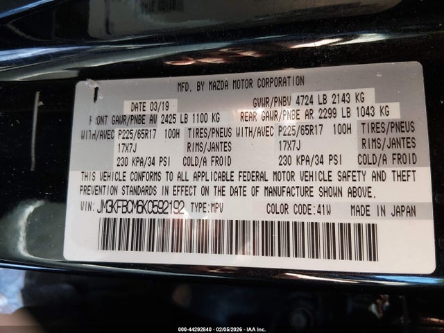Продажа на аукционе авто 2019 Mazda Cx-5 Touring, vin: JM3KFBCM6K0592192, номер лота: 44292840