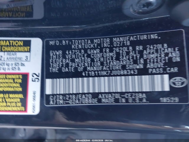 4T1B11HK7JU088343 Toyota CAMRY SE