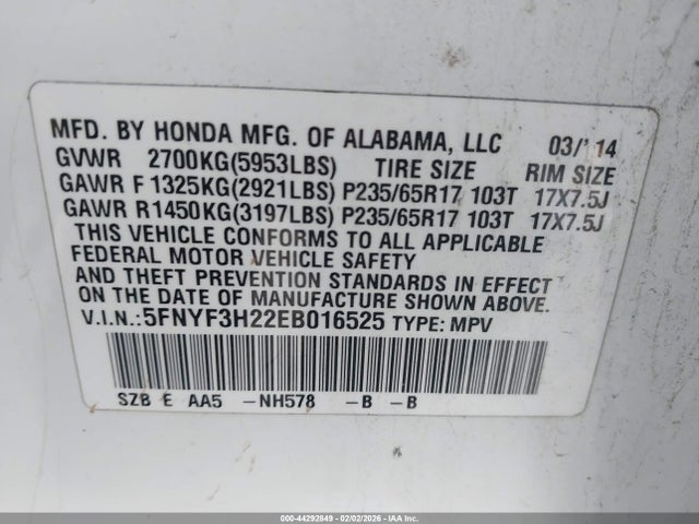 Honda PILOT LX 2014 5FNYF3H22EB016525 Image 9