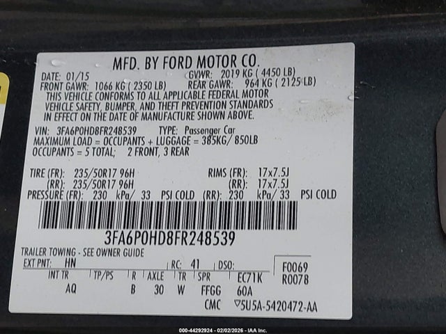 Ford FUSION SE 2015 3FA6P0HD8FR248539 Image 9
